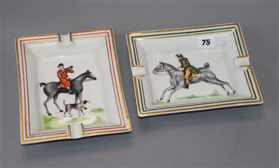 Two Hermes ashtrays, one decorated with a jockey on horseback, the other of a hunter on horseback with his hound